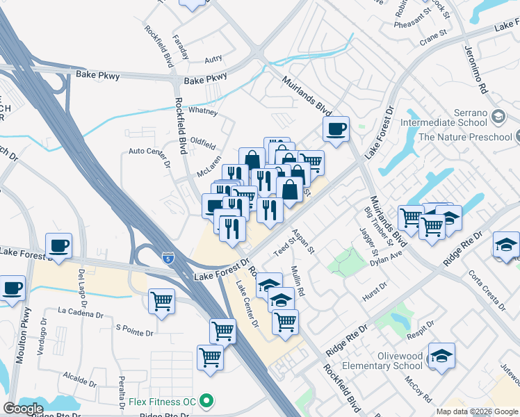 map of restaurants, bars, coffee shops, grocery stores, and more near 22765 Aspan Street in Lake Forest