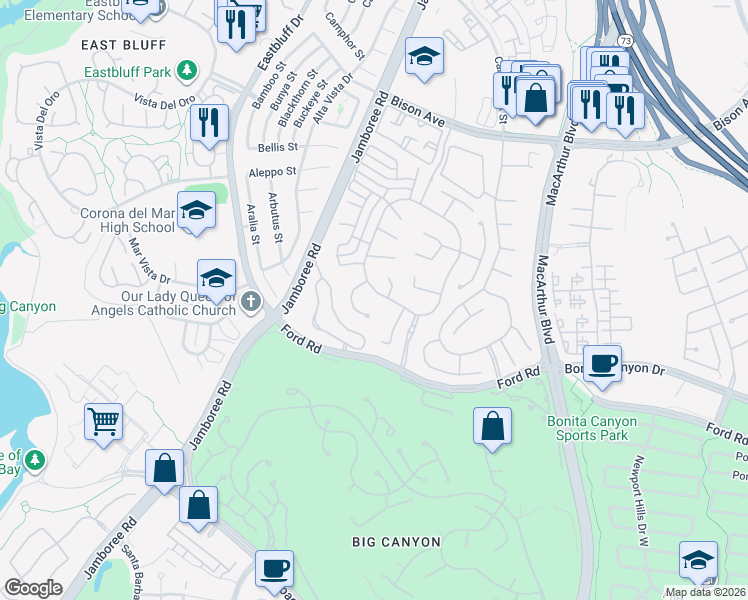map of restaurants, bars, coffee shops, grocery stores, and more near 115 Old Course Drive in Newport Beach