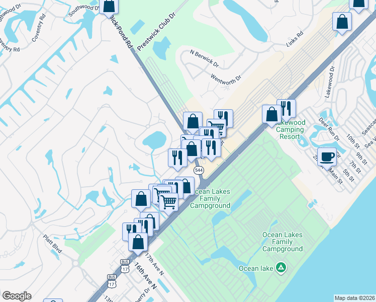 map of restaurants, bars, coffee shops, grocery stores, and more near 1213 Live Oak Court in Surfside Beach