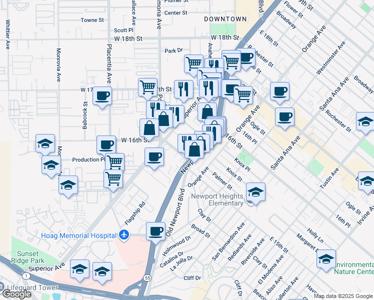 map of restaurants, bars, coffee shops, grocery stores, and more near 143 Tribeca Way in Costa Mesa