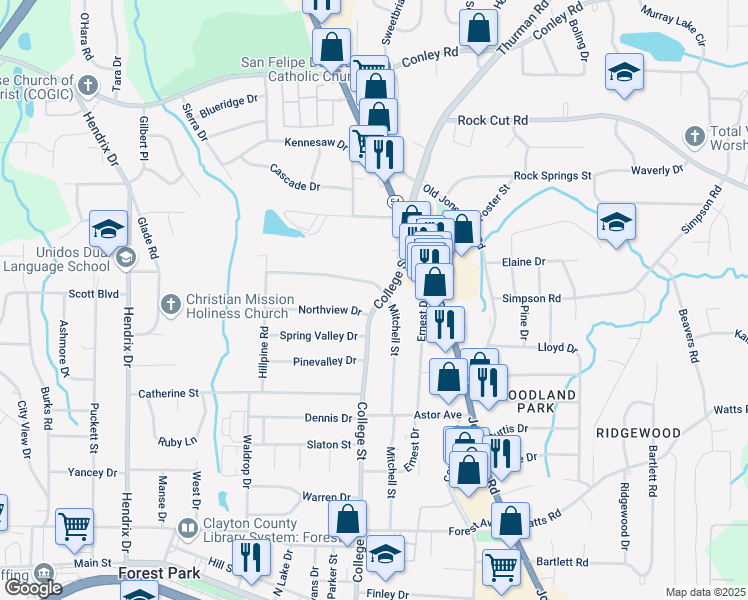 map of restaurants, bars, coffee shops, grocery stores, and more near 4513 College Street in Forest Park