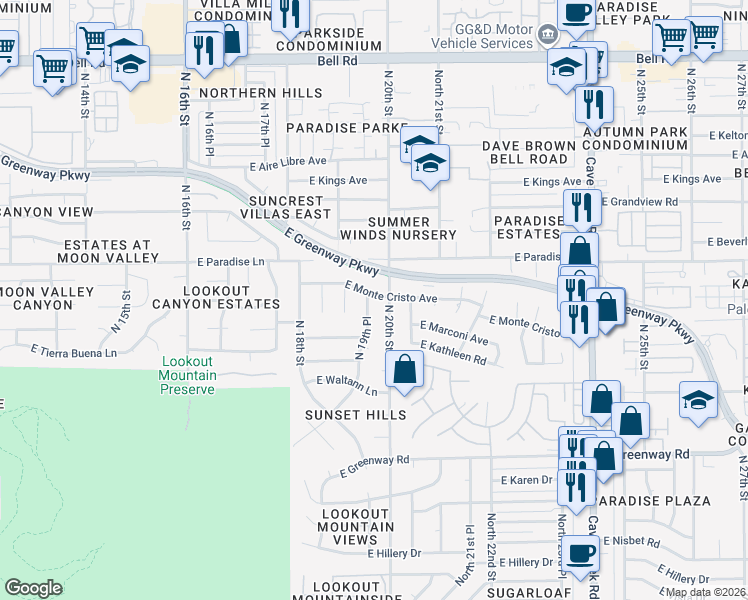 map of restaurants, bars, coffee shops, grocery stores, and more near 15850 North 20th Street in Phoenix