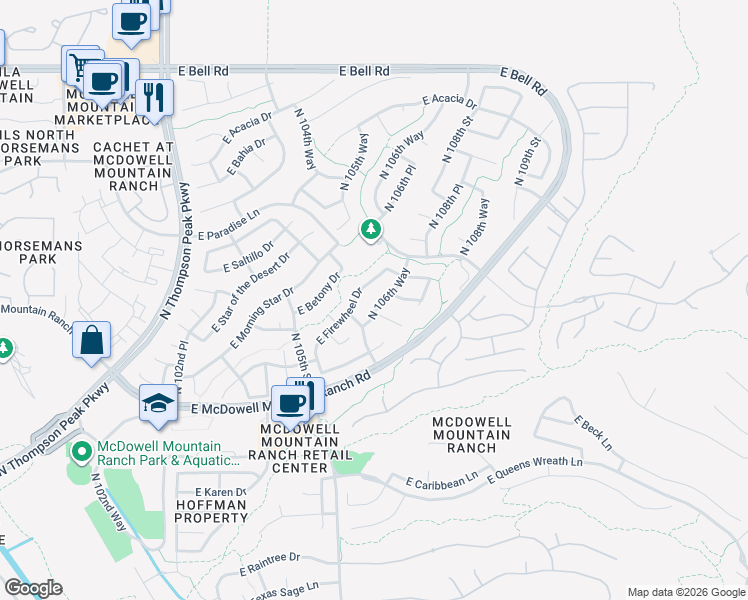 map of restaurants, bars, coffee shops, grocery stores, and more near 16020 North 106th Way in Scottsdale