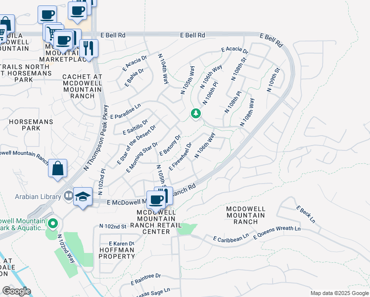map of restaurants, bars, coffee shops, grocery stores, and more near 10576 East Firewheel Drive in Scottsdale