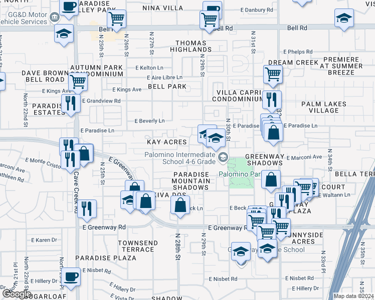 map of restaurants, bars, coffee shops, grocery stores, and more near 2814 East Marconi Avenue in Phoenix