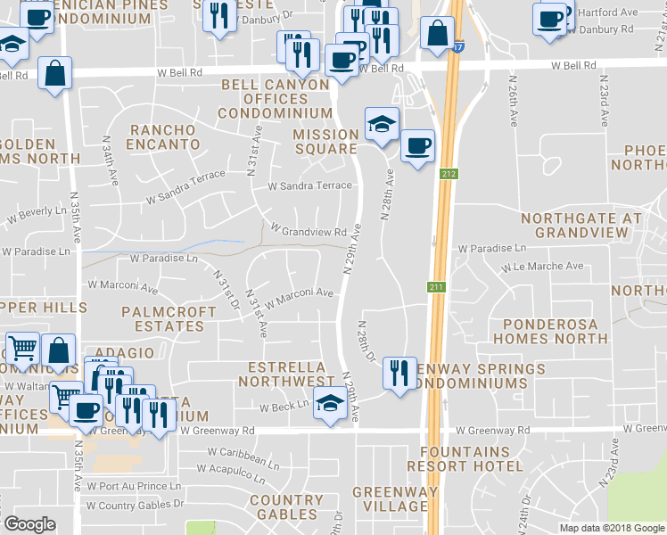 map of restaurants, bars, coffee shops, grocery stores, and more near 16023 North 30th Avenue in Phoenix