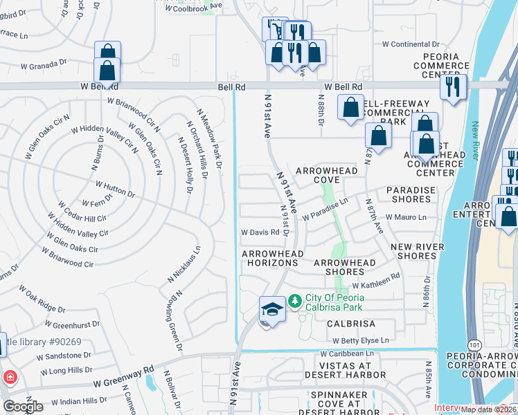 map of restaurants, bars, coffee shops, grocery stores, and more near 9224 West Paradise Lane in Peoria