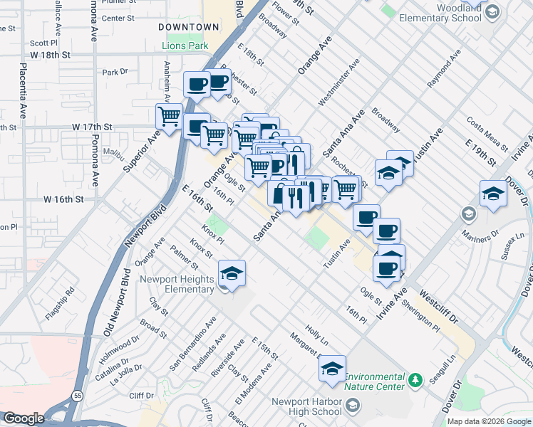 map of restaurants, bars, coffee shops, grocery stores, and more near 280 16th Place in Costa Mesa