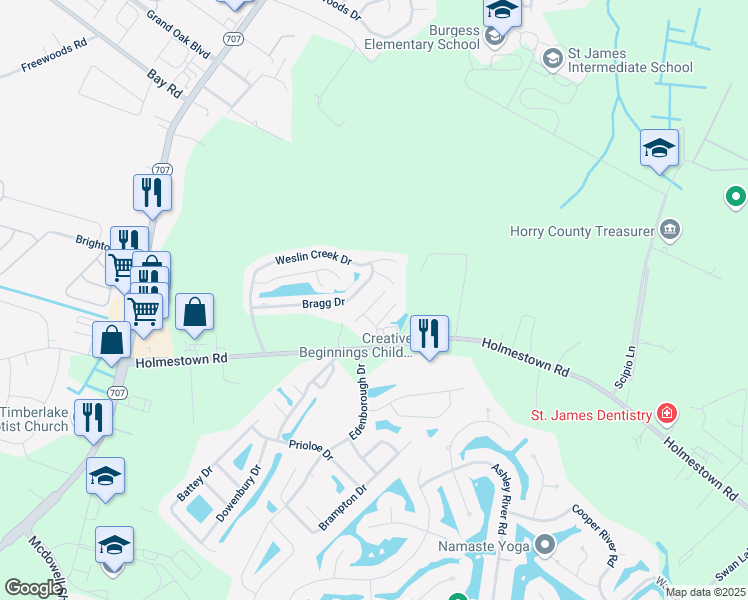 map of restaurants, bars, coffee shops, grocery stores, and more near 320 Paddington Court in Myrtle Beach