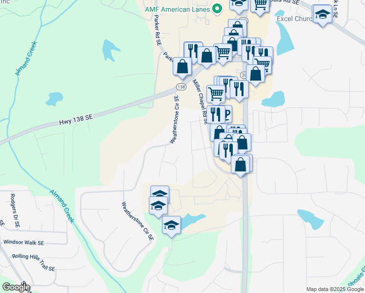 map of restaurants, bars, coffee shops, grocery stores, and more near 2146 Miller Chapel Road Southeast in Conyers