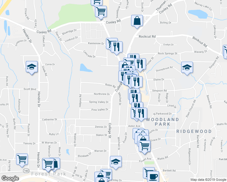map of restaurants, bars, coffee shops, grocery stores, and more near 4521 College Street in Forest Park