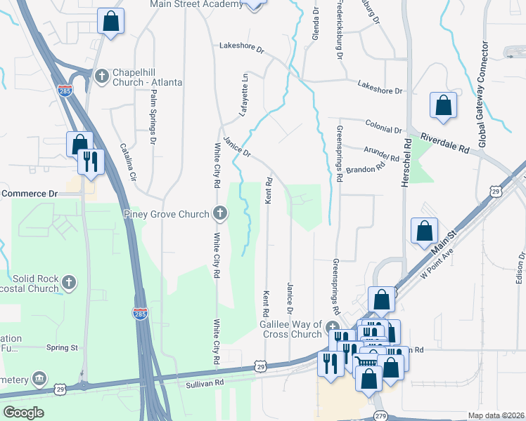 map of restaurants, bars, coffee shops, grocery stores, and more near 4545 Kent Road in College Park