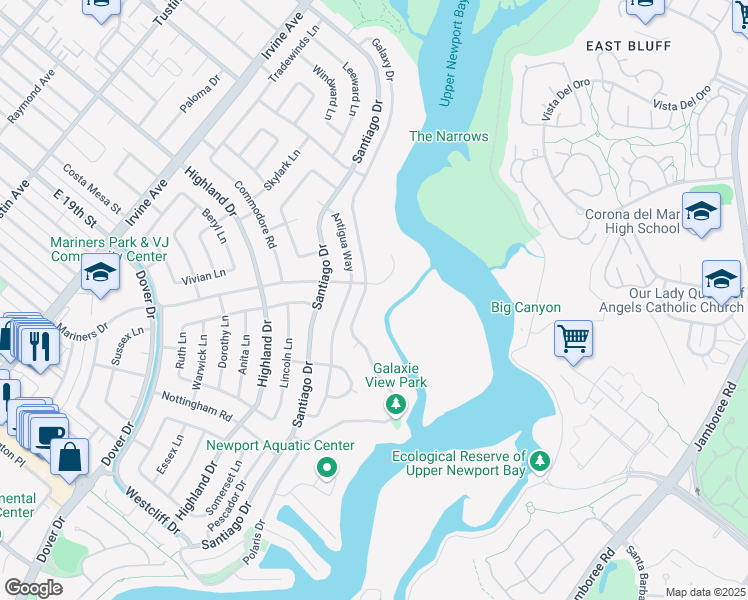 map of restaurants, bars, coffee shops, grocery stores, and more near 1542 Galaxy Drive in Newport Beach