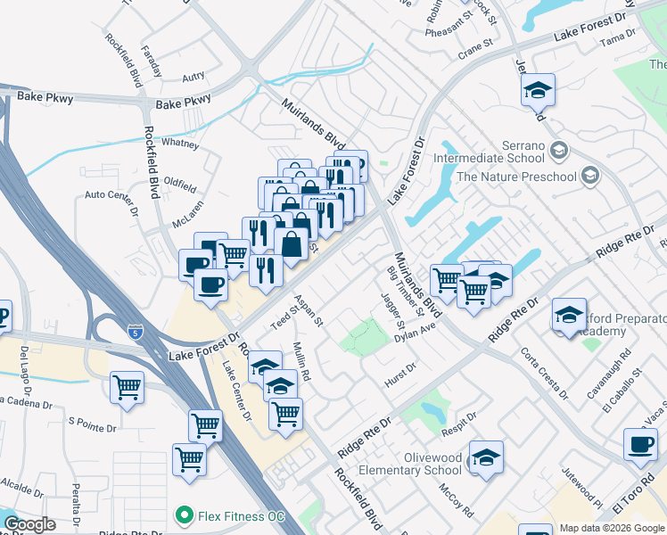 map of restaurants, bars, coffee shops, grocery stores, and more near 22751 Avalon Street in Lake Forest