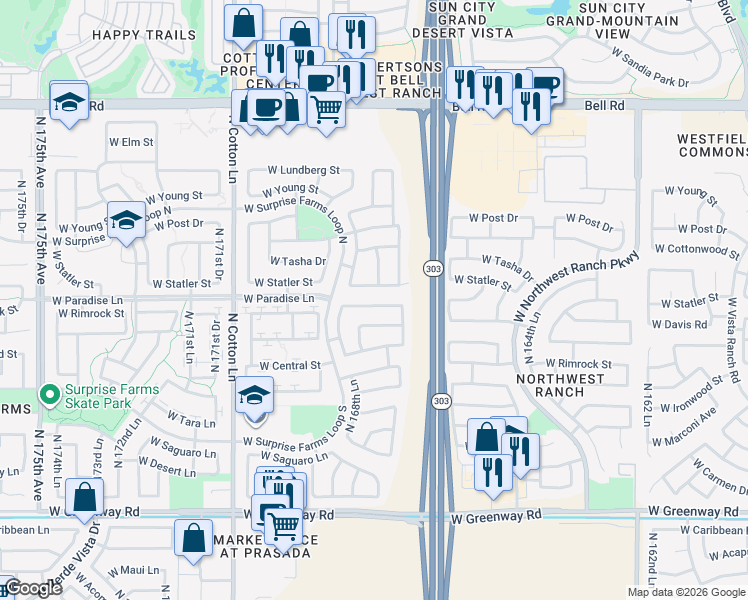 map of restaurants, bars, coffee shops, grocery stores, and more near 16835 West Rimrock Street in Surprise
