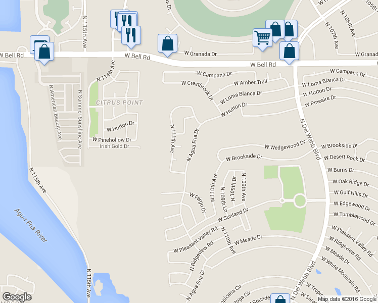 map of restaurants, bars, coffee shops, grocery stores, and more near 16214 North Agua Fria Drive in Sun City