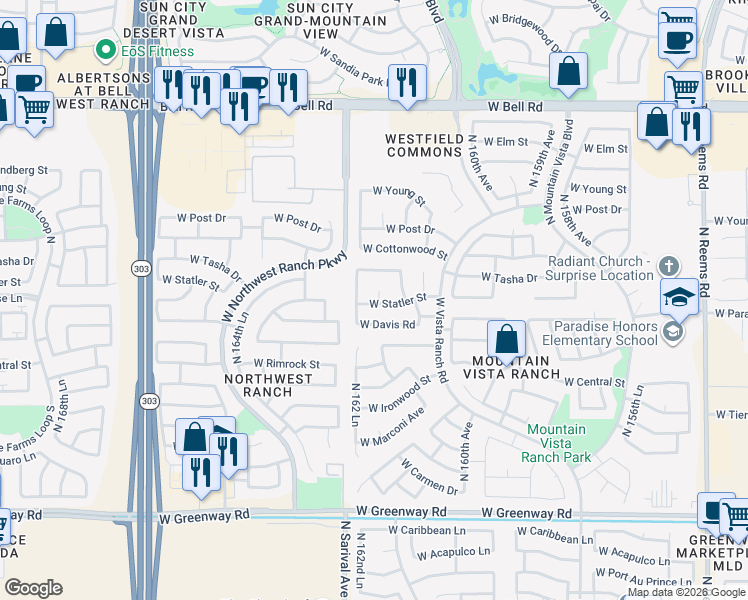 map of restaurants, bars, coffee shops, grocery stores, and more near 16275 West Statler Street in Surprise