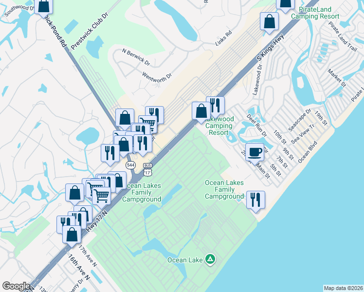 map of restaurants, bars, coffee shops, grocery stores, and more near 5715 Old Kings Road in Myrtle Beach
