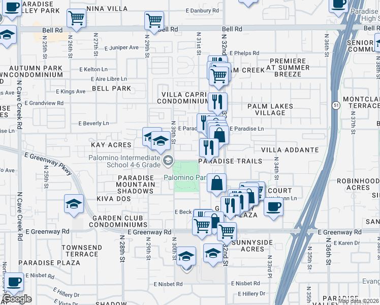 map of restaurants, bars, coffee shops, grocery stores, and more near 3016 East Marconi Avenue in Phoenix