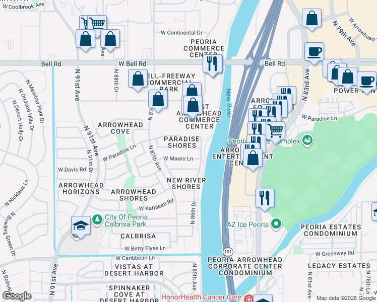 map of restaurants, bars, coffee shops, grocery stores, and more near 8642 West Mauro Lane in Peoria