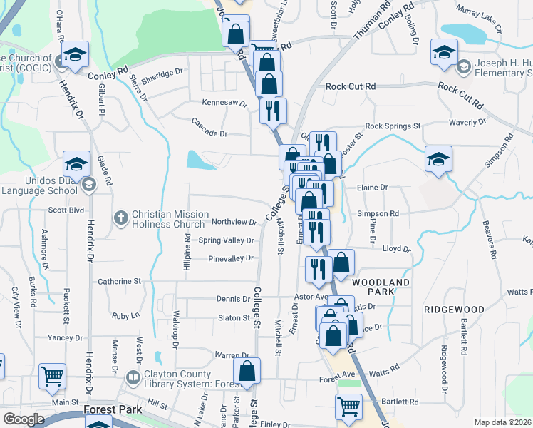 map of restaurants, bars, coffee shops, grocery stores, and more near 4521 College Street in Forest Park