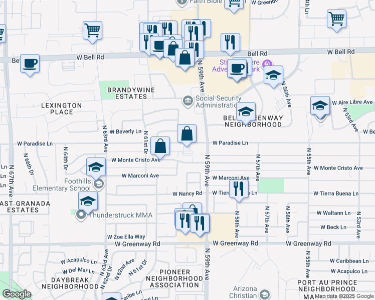 map of restaurants, bars, coffee shops, grocery stores, and more near 5913 West Paradise Lane in Glendale