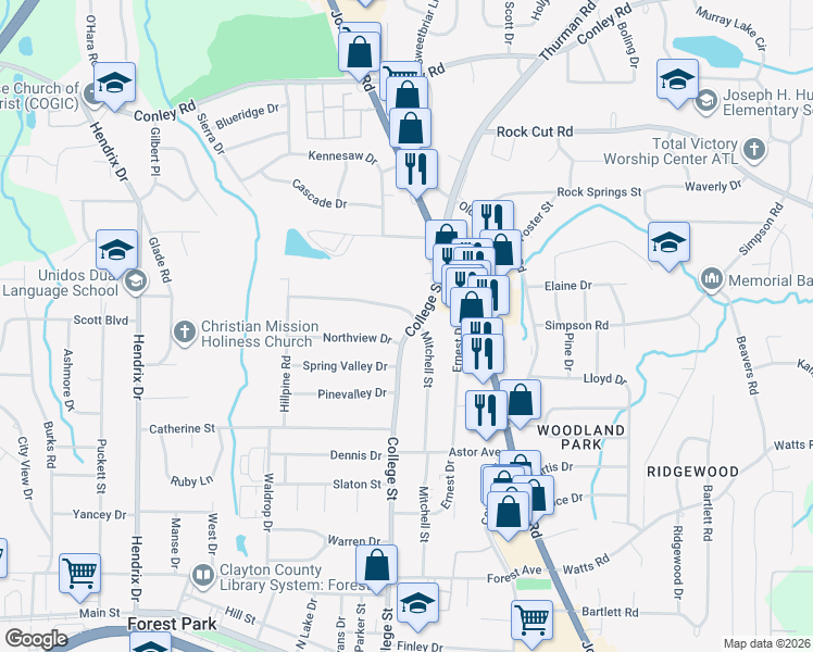 map of restaurants, bars, coffee shops, grocery stores, and more near 4513 College Street in Forest Park