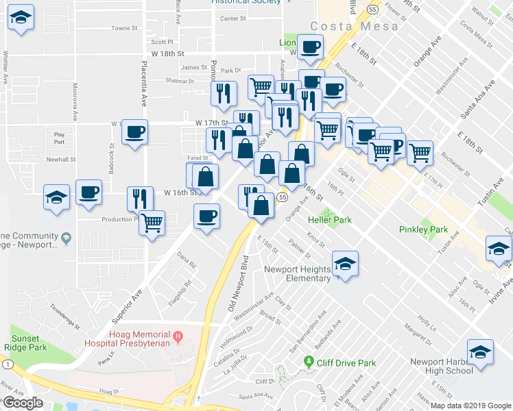 map of restaurants, bars, coffee shops, grocery stores, and more near 1529 Greenwich Way in Costa Mesa