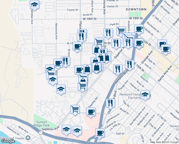 map of restaurants, bars, coffee shops, grocery stores, and more near 64 Ebb Tide Circle in Newport Beach