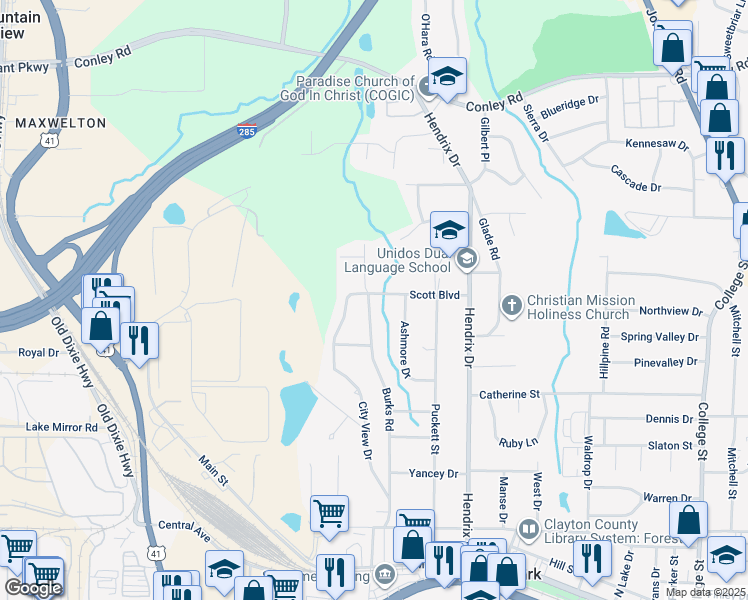 map of restaurants, bars, coffee shops, grocery stores, and more near 4510 Burks Road in Forest Park