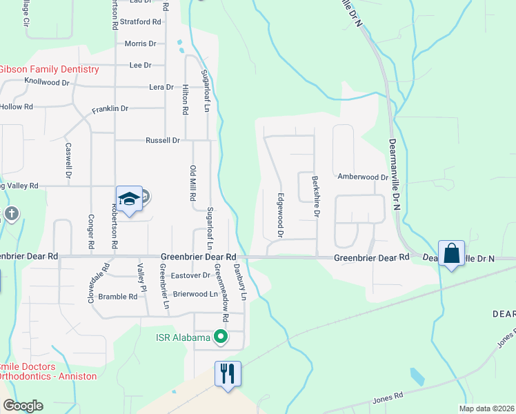 map of restaurants, bars, coffee shops, grocery stores, and more near 1100 Emory Place in Anniston
