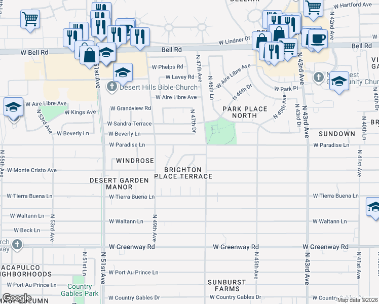 map of restaurants, bars, coffee shops, grocery stores, and more near 4727 West Davis Road in Glendale