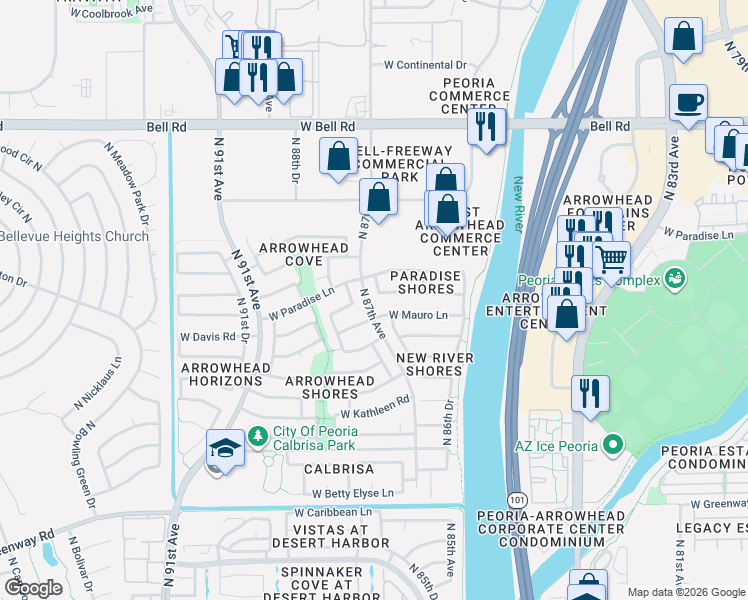 map of restaurants, bars, coffee shops, grocery stores, and more near 8712 West Davis Road in Peoria