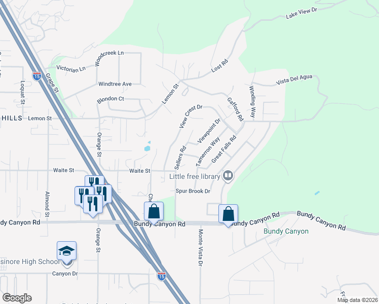 map of restaurants, bars, coffee shops, grocery stores, and more near 22392 Lakewood Drive in Wildomar