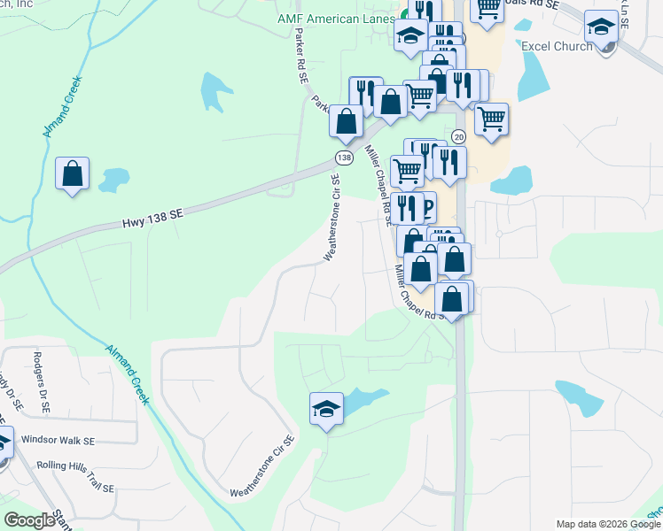 map of restaurants, bars, coffee shops, grocery stores, and more near 1903 Sheldon Lane in Conyers