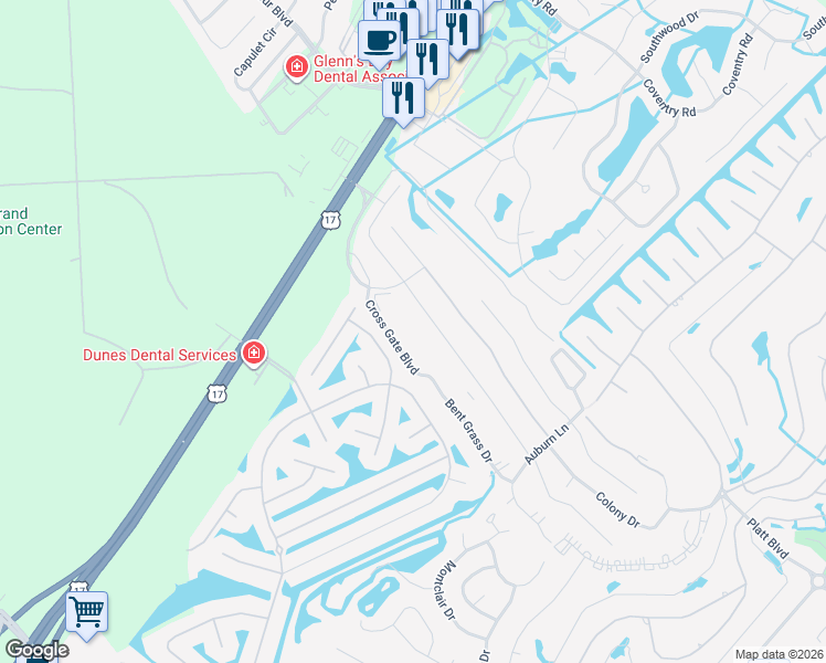 map of restaurants, bars, coffee shops, grocery stores, and more near 1120 Spalding Court in Surfside Beach