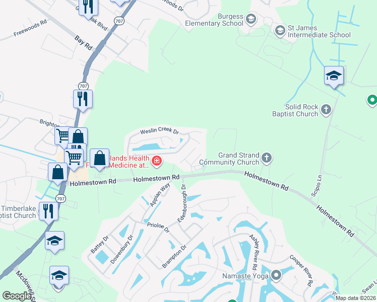 map of restaurants, bars, coffee shops, grocery stores, and more near 320 Paddington Court in Myrtle Beach