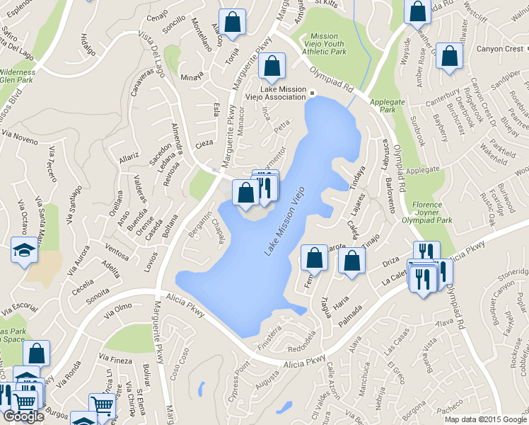 map of restaurants, bars, coffee shops, grocery stores, and more near 27782 Vista Del Lago in Mission Viejo