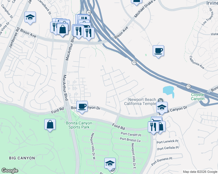 map of restaurants, bars, coffee shops, grocery stores, and more near 8 Westridge in Newport Beach