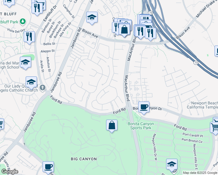 map of restaurants, bars, coffee shops, grocery stores, and more near 64 Belcourt Drive in Newport Beach
