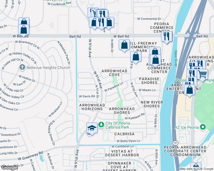 map of restaurants, bars, coffee shops, grocery stores, and more near 9014 West Paradise Lane in Peoria
