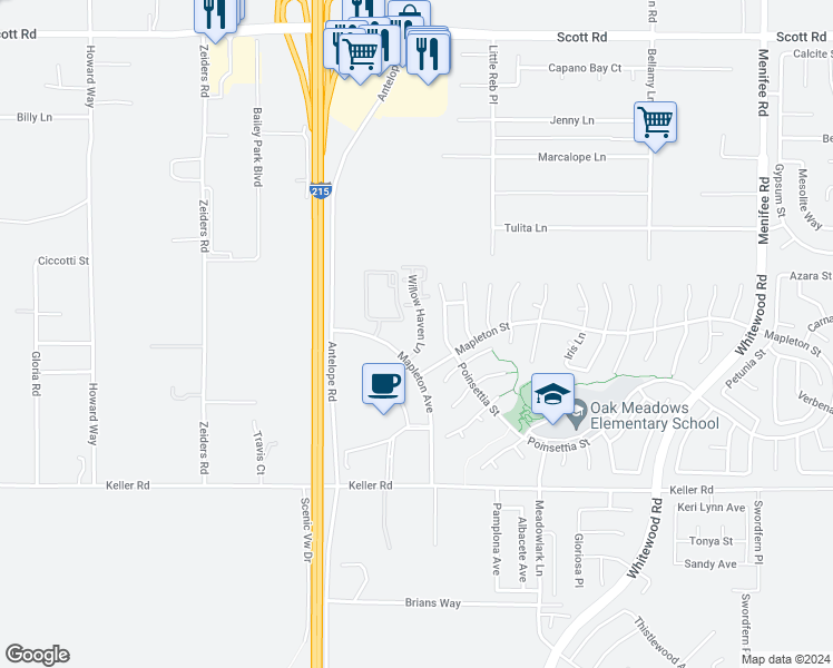 map of restaurants, bars, coffee shops, grocery stores, and more near 33740 Willow Haven Lane in Murrieta