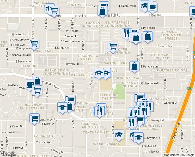 map of restaurants, bars, coffee shops, grocery stores, and more near 2844 East Marconi Avenue in Phoenix