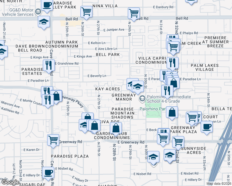 map of restaurants, bars, coffee shops, grocery stores, and more near 2814 East Marconi Avenue in Phoenix