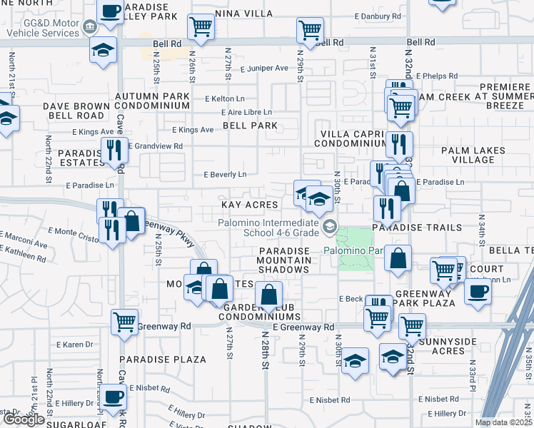 map of restaurants, bars, coffee shops, grocery stores, and more near 2814 East Marconi Avenue in Phoenix