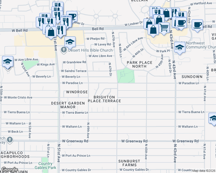 map of restaurants, bars, coffee shops, grocery stores, and more near 4727 West Davis Road in Glendale