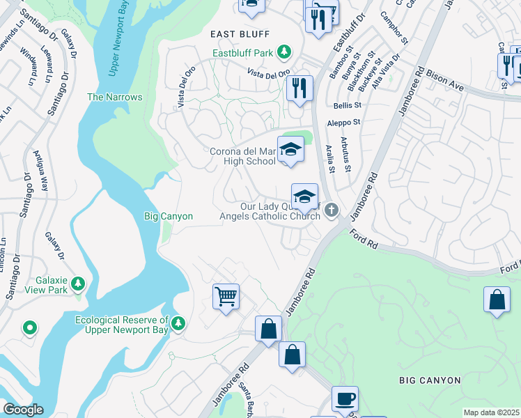 map of restaurants, bars, coffee shops, grocery stores, and more near 750 Domingo Drive in Newport Beach