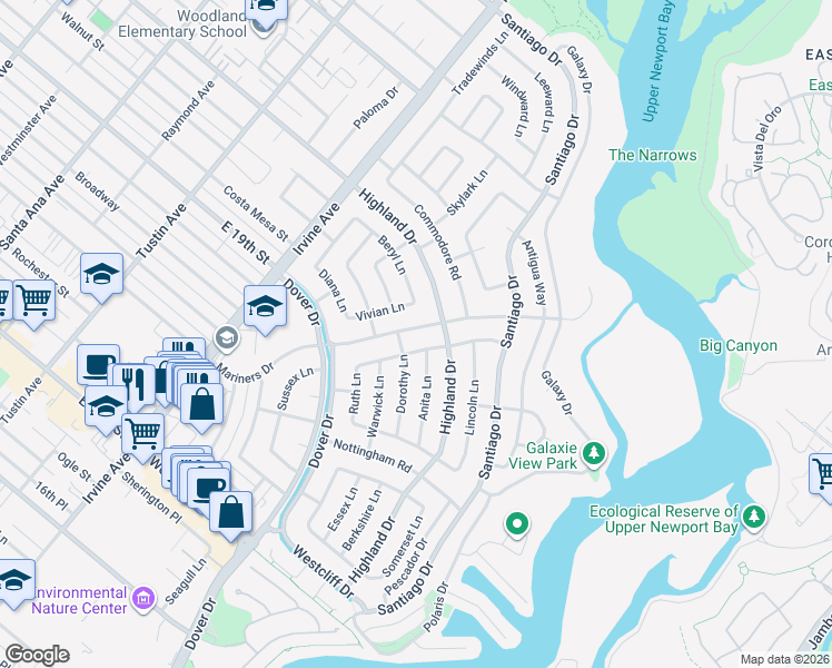 map of restaurants, bars, coffee shops, grocery stores, and more near 1400 Estelle Lane in Newport Beach