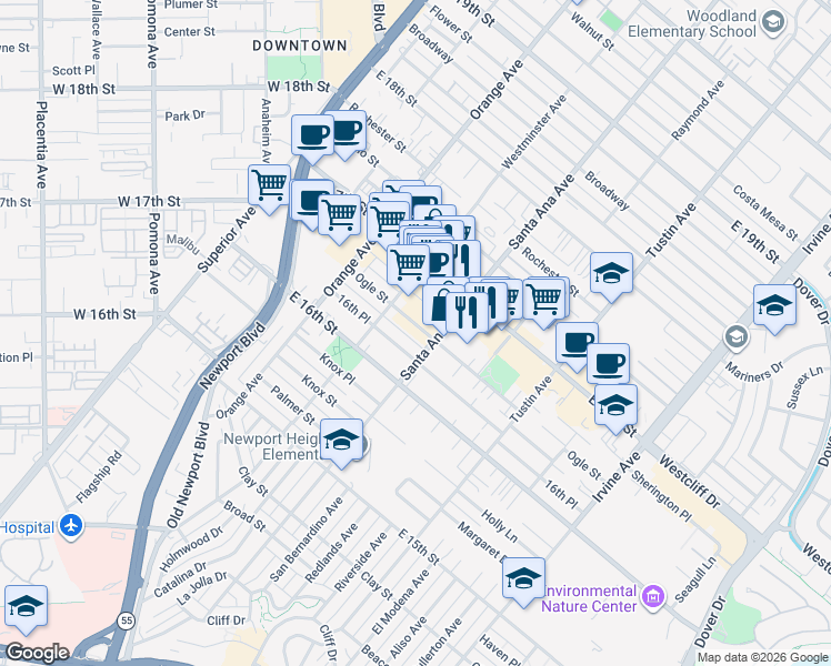 map of restaurants, bars, coffee shops, grocery stores, and more near 280 16th Place in Costa Mesa