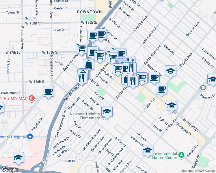 map of restaurants, bars, coffee shops, grocery stores, and more near 248 East 16th Street in Costa Mesa